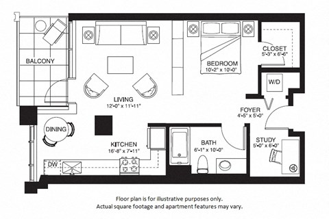Floor plan for studio, 1 bath, 679 sqft
